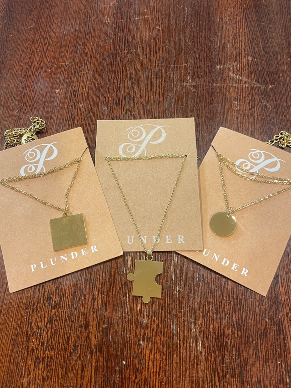 Plunder Gold-Tone Pendant Necklace Set. Lot of 3 Puzzle Square Round. 18+3” NWOT - Picture 2 of 7
